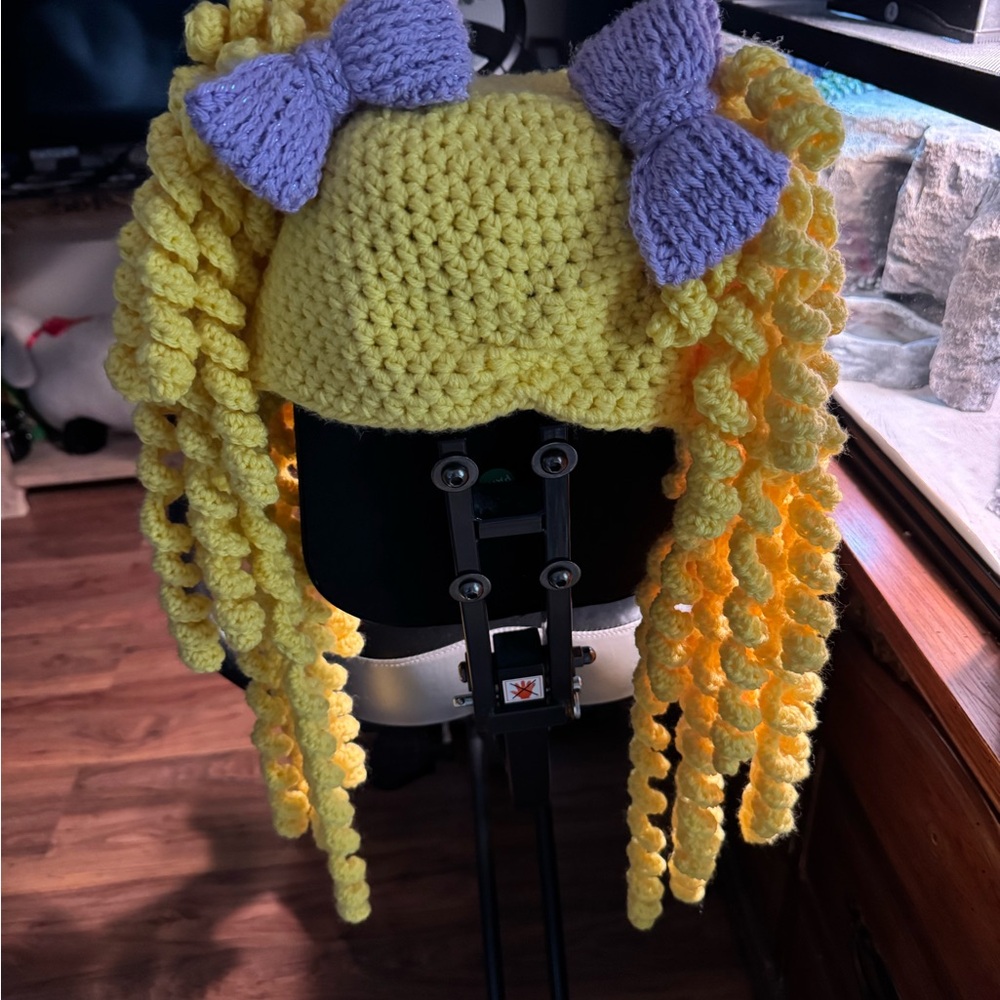 Yellow Crochet Hat with Purple Bows